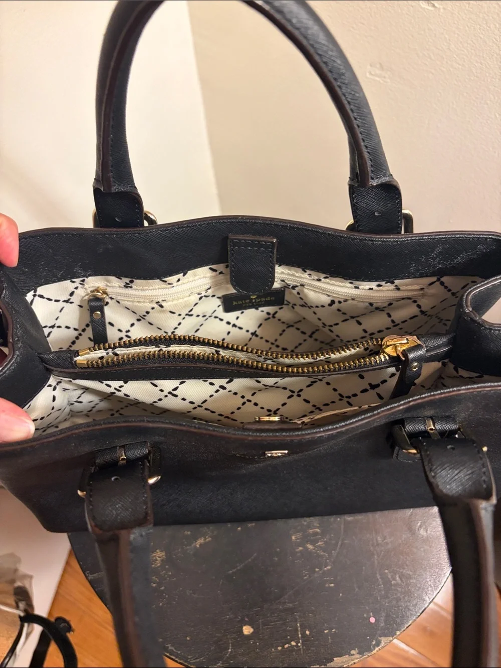 kate spade black leather satchel with gold hardware